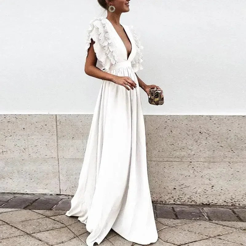 Maxi Dress | Ruffle Sleeve Deep Neckline | Wedding Guest-Myra Lina