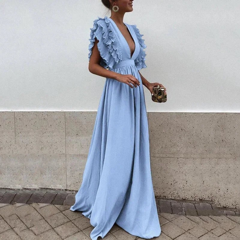 Maxi Dress | Ruffle Sleeve Deep Neckline | Wedding Guest-Myra Lina
