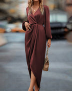 Midi Dress | Long Sleeve | Asymmetric | Wrap Dress | Elegant Dress-Myra Lina