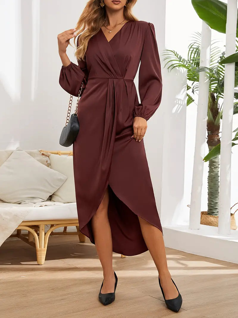 Midi Dress | Long Sleeve | Asymmetric | Wrap Dress | Elegant Dress-Myra Lina