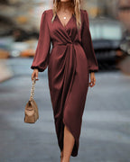 Midi Dress | Long Sleeve | Asymmetric | Wrap Dress | Elegant Dress-Myra Lina