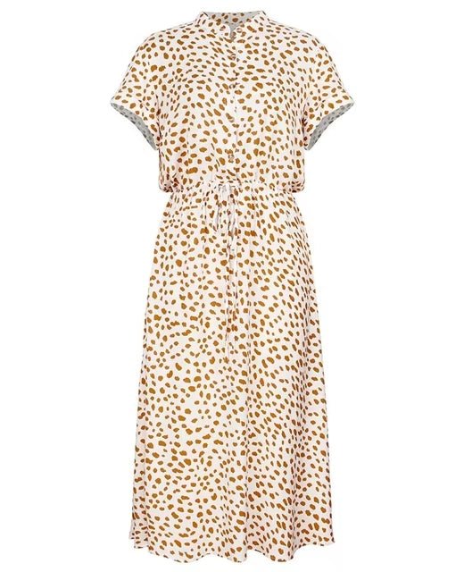 Midi Dress – Women's Dress with Short Sleeves, Waist Tie and Leopard Print-Myra Lina