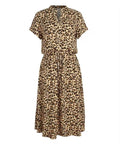 Midi Dress – Women's Dress with Short Sleeves, Waist Tie and Leopard Print-Myra Lina