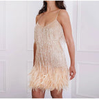 Mini Dress | Sequins | Feather Hem | Spaghetti Straps | Cocktail Party-Myra Lina
