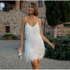 Mini Dress | Sequins | Feather Hem | Spaghetti Straps | Cocktail Party-Myra Lina