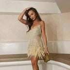 Mini Dress | Sequins | Feather Hem | Spaghetti Straps | Cocktail Party-Myra Lina
