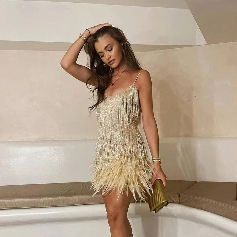Mini Dress | Sequins | Feather Hem | Spaghetti Straps | Cocktail Party-Myra Lina