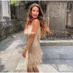 Mini Dress | Sequins | Feather Hem | Spaghetti Straps | Cocktail Party-Myra Lina