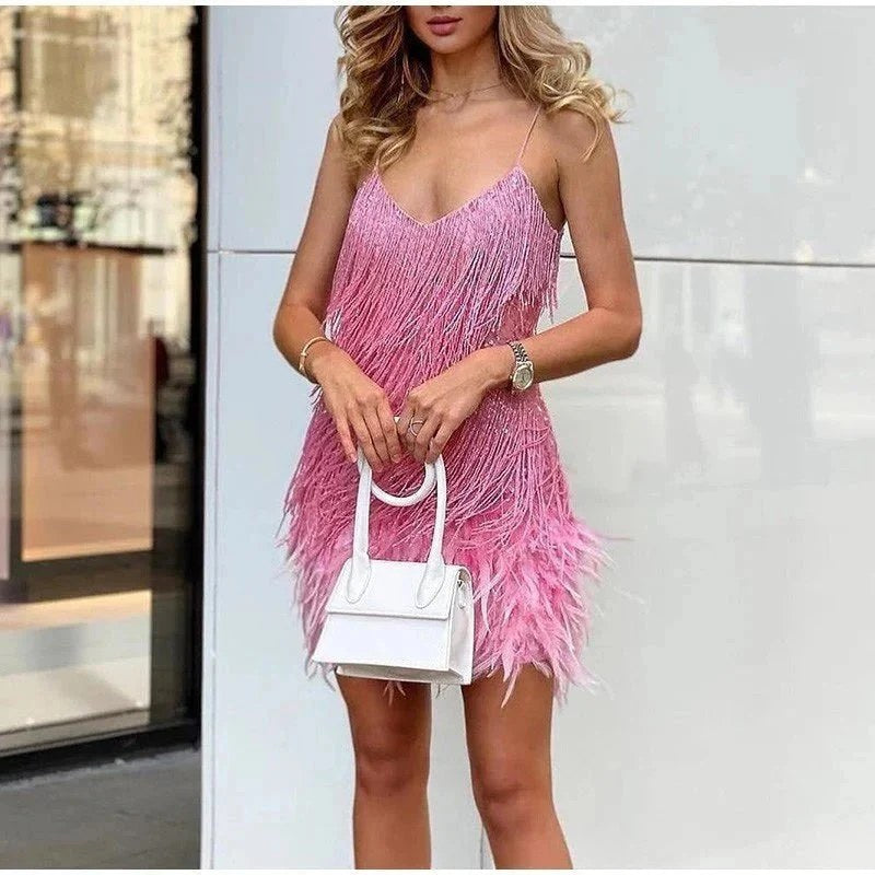 Mini Dress | Sequins | Feather Hem | Spaghetti Straps | Cocktail Party-Myra Lina
