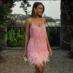 Mini Dress | Sequins | Feather Hem | Spaghetti Straps | Cocktail Party-Myra Lina