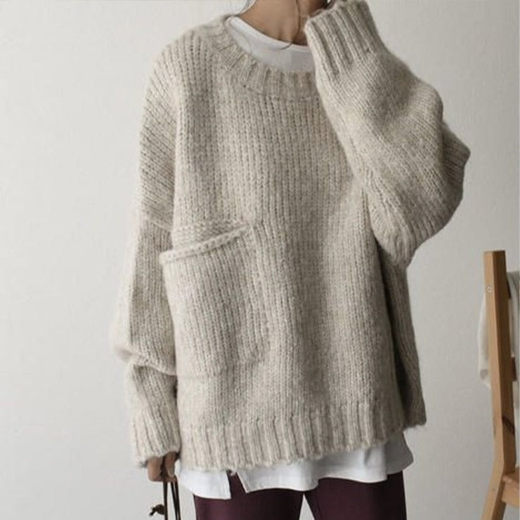Oversized Sweater – Light Grey Loose-Fit Chunky Knit Sweater for Women-Myra Lina