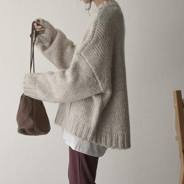 Oversized Sweater – Light Grey Loose-Fit Chunky Knit Sweater for Women-Myra Lina