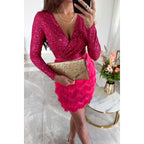 Party Dress – Long Sleeve V-Neck Mini Dress with Tassels and Sequins-Myra Lina