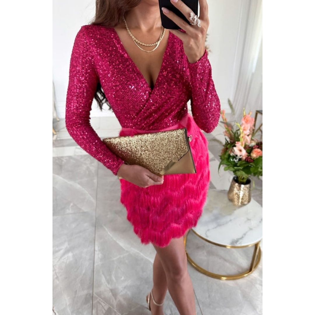 Party Dress – Long Sleeve V-Neck Mini Dress with Tassels and Sequins-Myra Lina