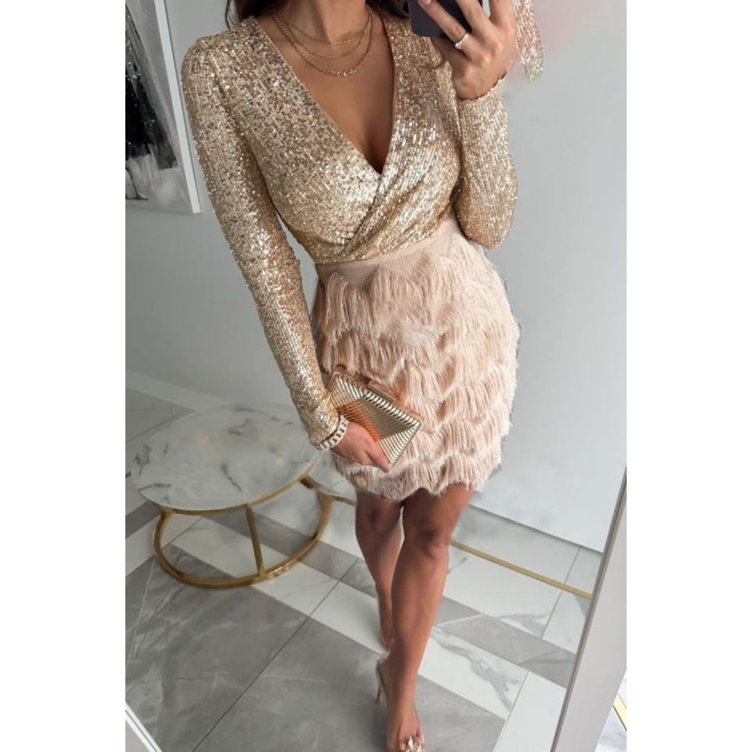 Party Dress – Long Sleeve V-Neck Mini Dress with Tassels and Sequins-Myra Lina