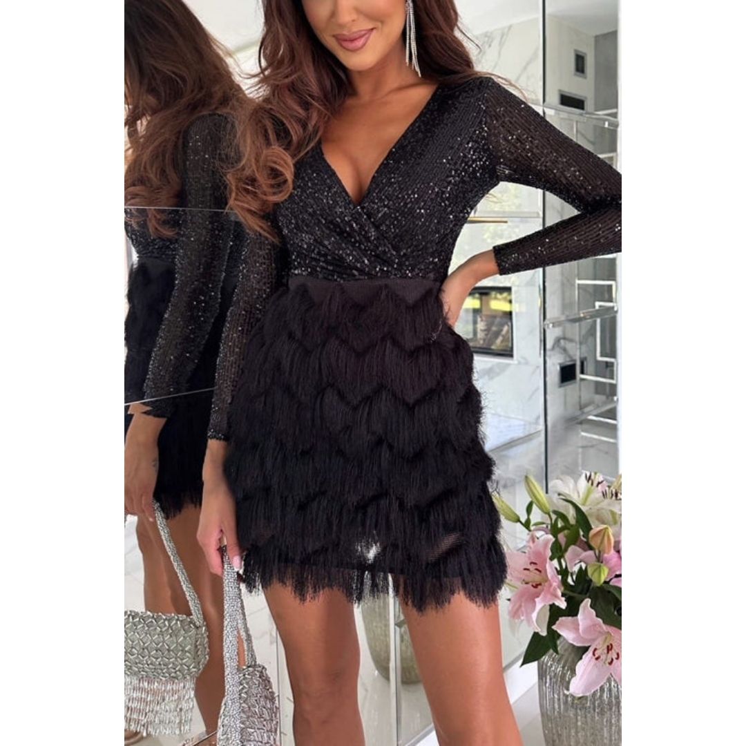 Party Dress – Long Sleeve V-Neck Mini Dress with Tassels and Sequins-Myra Lina