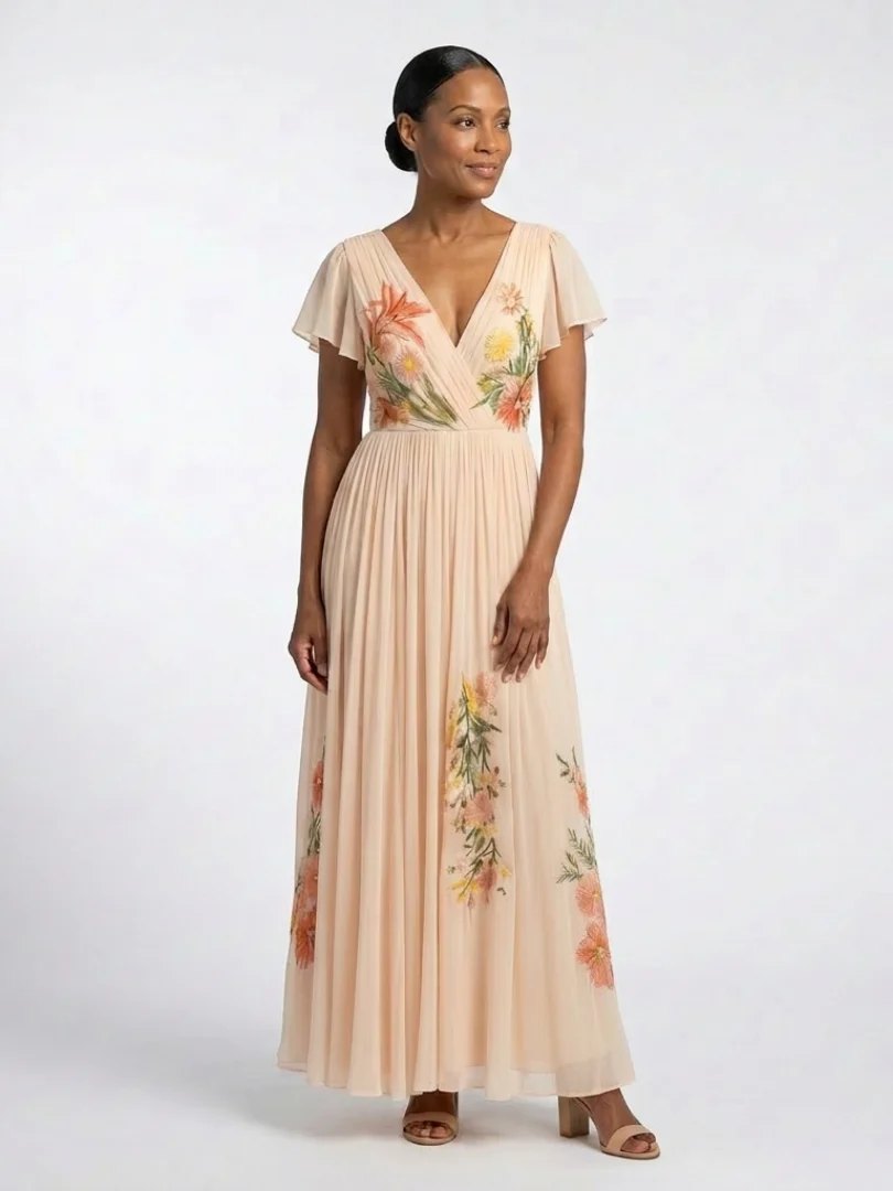 Pleated Maxi Dress | Floral | Short Sleeve-Myra Lina