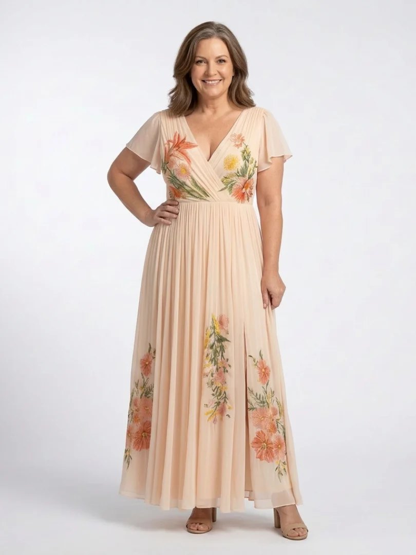 Pleated Maxi Dress | Floral | Short Sleeve-Myra Lina