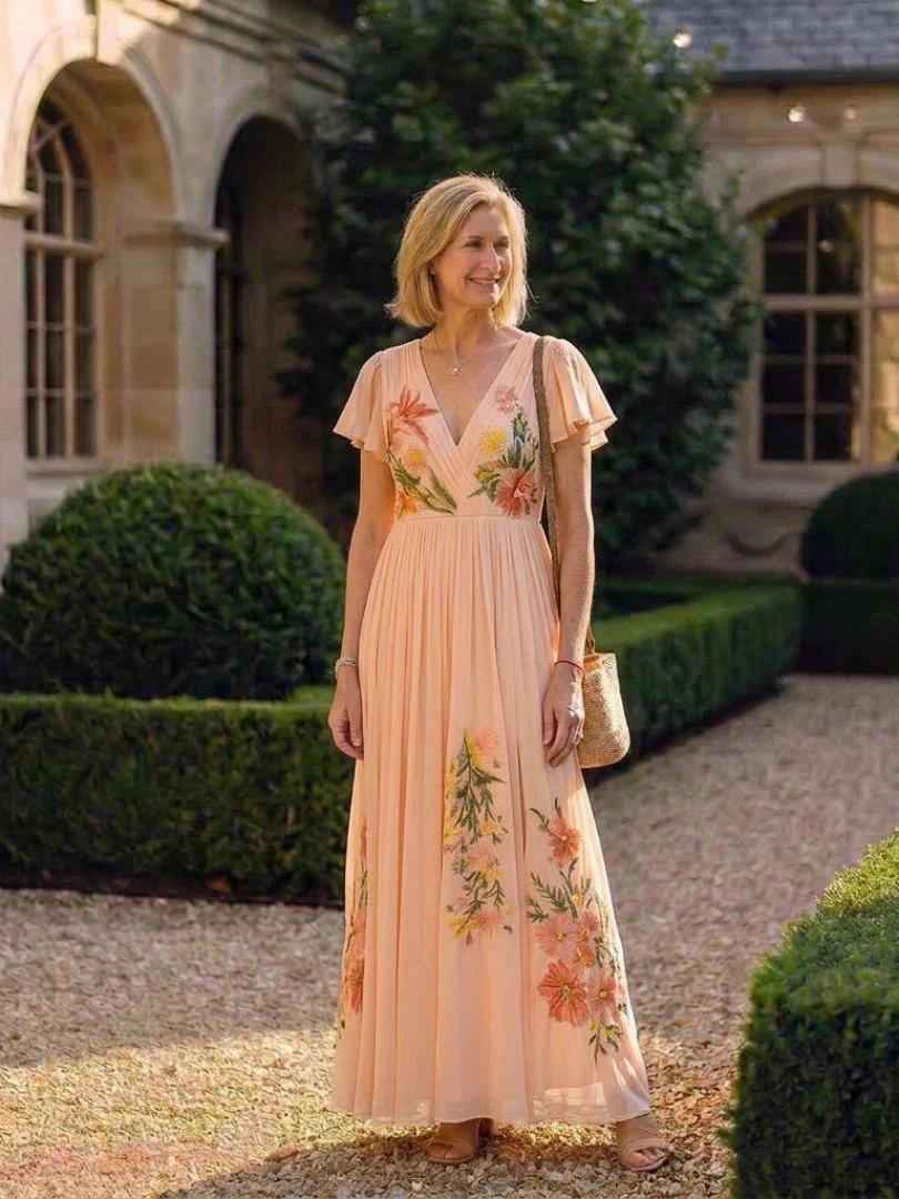 Pleated Maxi Dress | Floral | Short Sleeve-Myra Lina