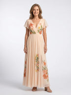 Pleated Maxi Dress | Floral | Short Sleeve-Myra Lina