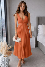 Pleated Midi Dress | V-Neck | Elegant Occasion Dress-Myra Lina
