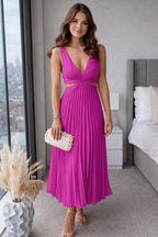 Pleated Midi Dress | V-Neck | Elegant Occasion Dress-Myra Lina