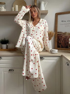 Pyjama Set – Long Sleeve Linen Pyjamas with Heart Pattern for Women – Sleepwear-Myra Lina