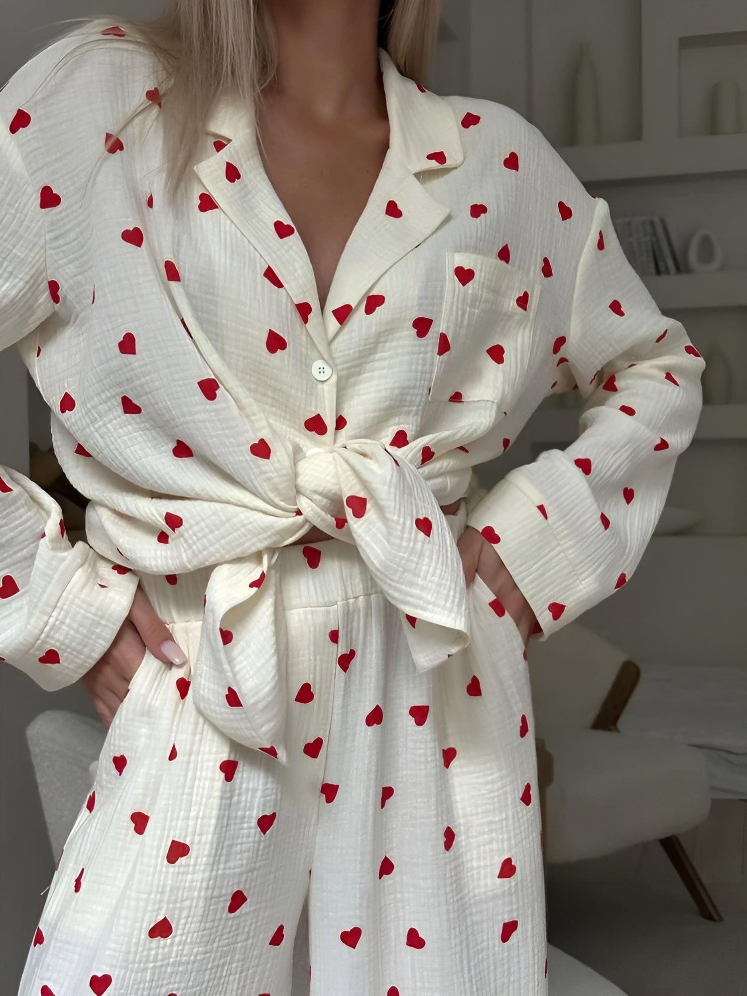 Pyjama Set – Long Sleeve Linen Pyjamas with Heart Pattern for Women – Sleepwear-Myra Lina