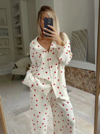 Pyjama Set – Long Sleeve Linen Pyjamas with Heart Pattern for Women – Sleepwear-Myra Lina
