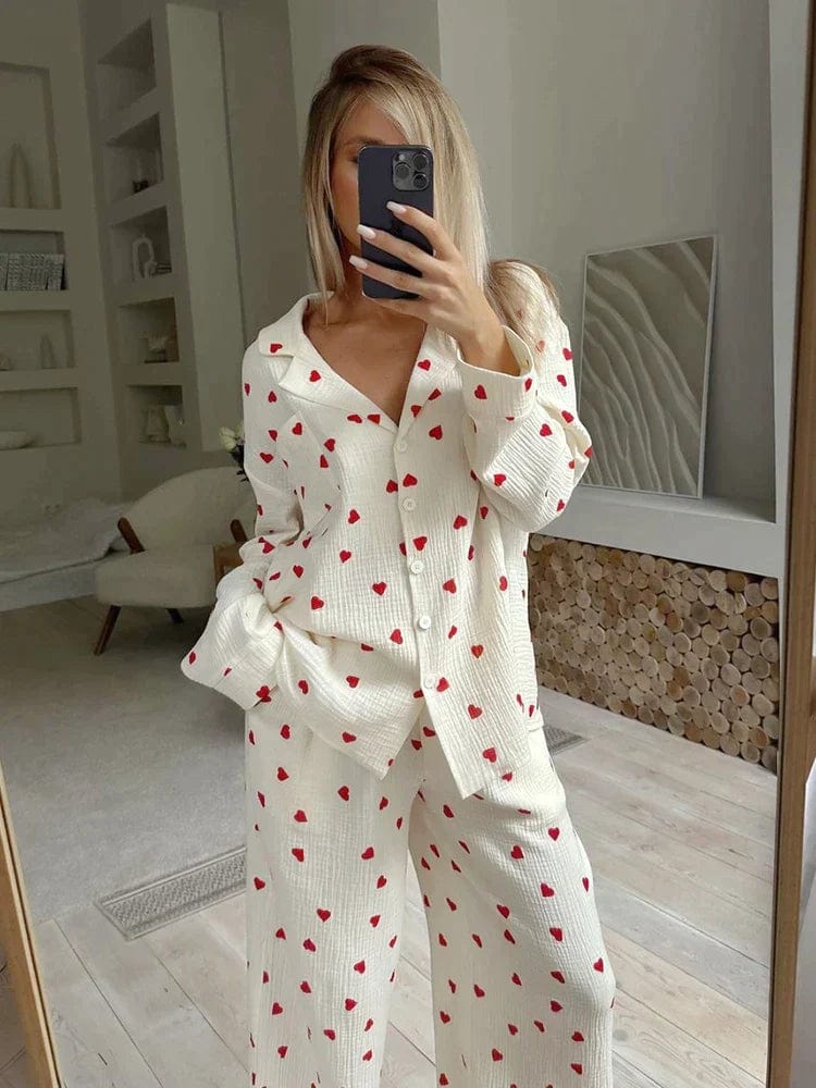 Pyjama Set – Long Sleeve Linen Pyjamas with Heart Pattern for Women – Sleepwear-Myra Lina