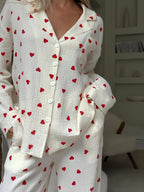 Pyjama Set – Long Sleeve Linen Pyjamas with Heart Pattern for Women – Sleepwear-Myra Lina