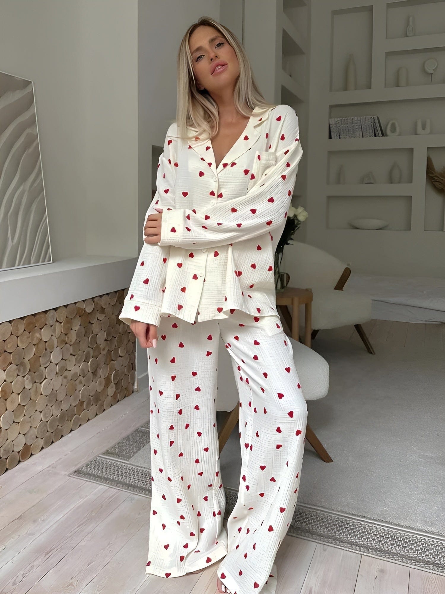 Pyjama Set – Long Sleeve Linen Pyjamas with Heart Pattern for Women – Sleepwear-Myra Lina