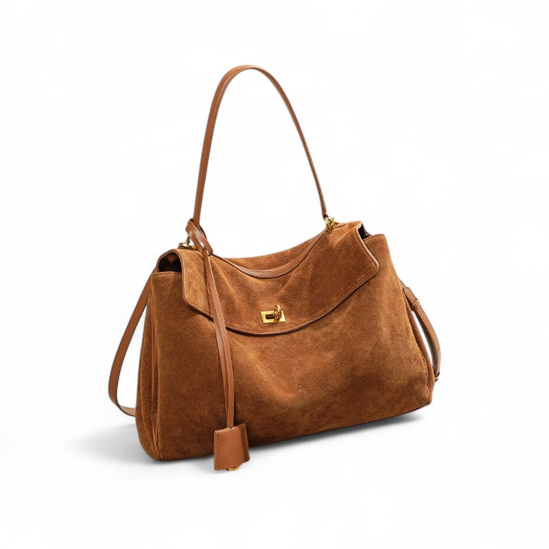 Shoulder Bag | Large Faux Suede Handbag | Gold Turnlock-Myra Lina