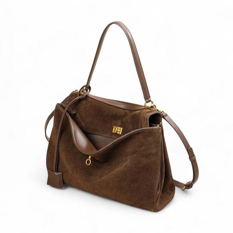 Shoulder Bag | Large Faux Suede Handbag | Gold Turnlock-Myra Lina