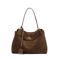 Shoulder Bag | Large Faux Suede Handbag | Gold Turnlock-Myra Lina
