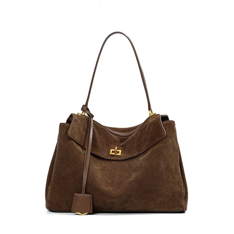Shoulder Bag | Large Faux Suede Handbag | Gold Turnlock-Myra Lina