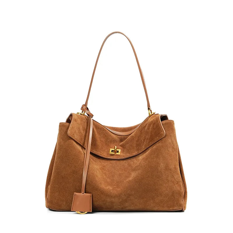 Shoulder Bag | Large Faux Suede Handbag | Gold Turnlock-Myra Lina