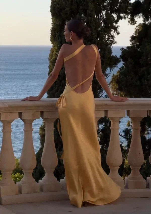 Satin Maxi Dress | Open Back | Asymmetric Cut | Formal Dress-Myra Lina
