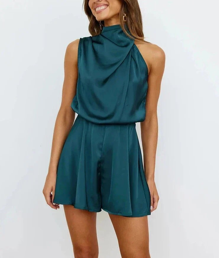 Satin Playsuit | Halterneck | Short Leg Evening Jumpsuit-Myra Lina