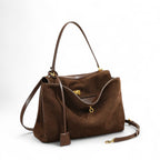 Shoulder Bag | Large Faux Suede Handbag | Gold Turnlock-Myra Lina