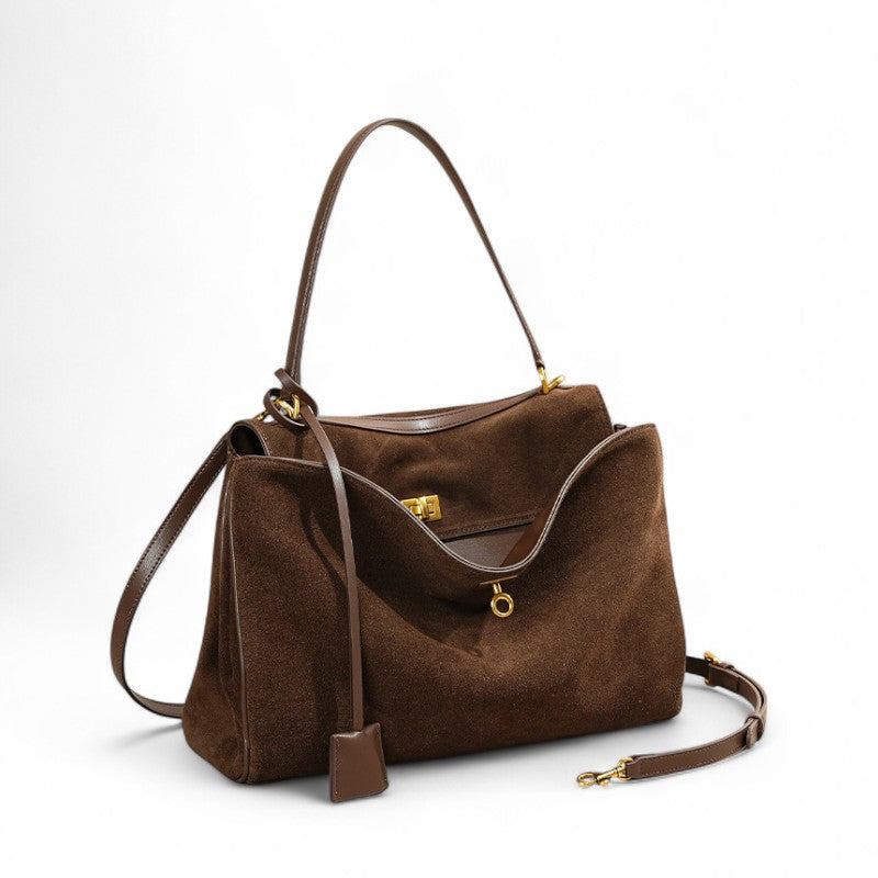 Shoulder Bag | Large Faux Suede Handbag | Gold Turnlock-Myra Lina