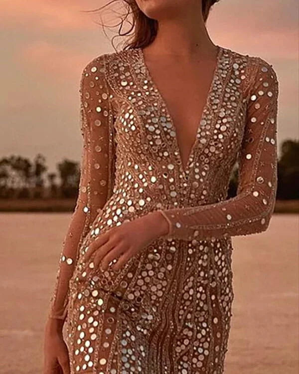Sequin Dress | Deep V-Neck | Mesh Sleeve | Mini Dress | Party Dress-Myra Lina