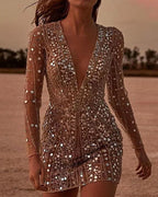 Sequin Dress | Deep V-Neck | Mesh Sleeve | Mini Dress | Party Dress-Myra Lina