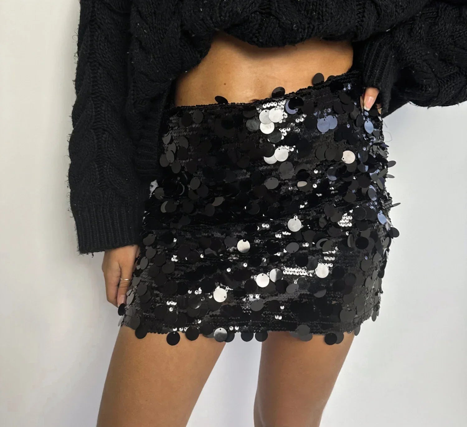 Sequin Mini Skirt | Black and Chrome | Glitter Mini Skirt | Glitter Skirt-Myra Lina
