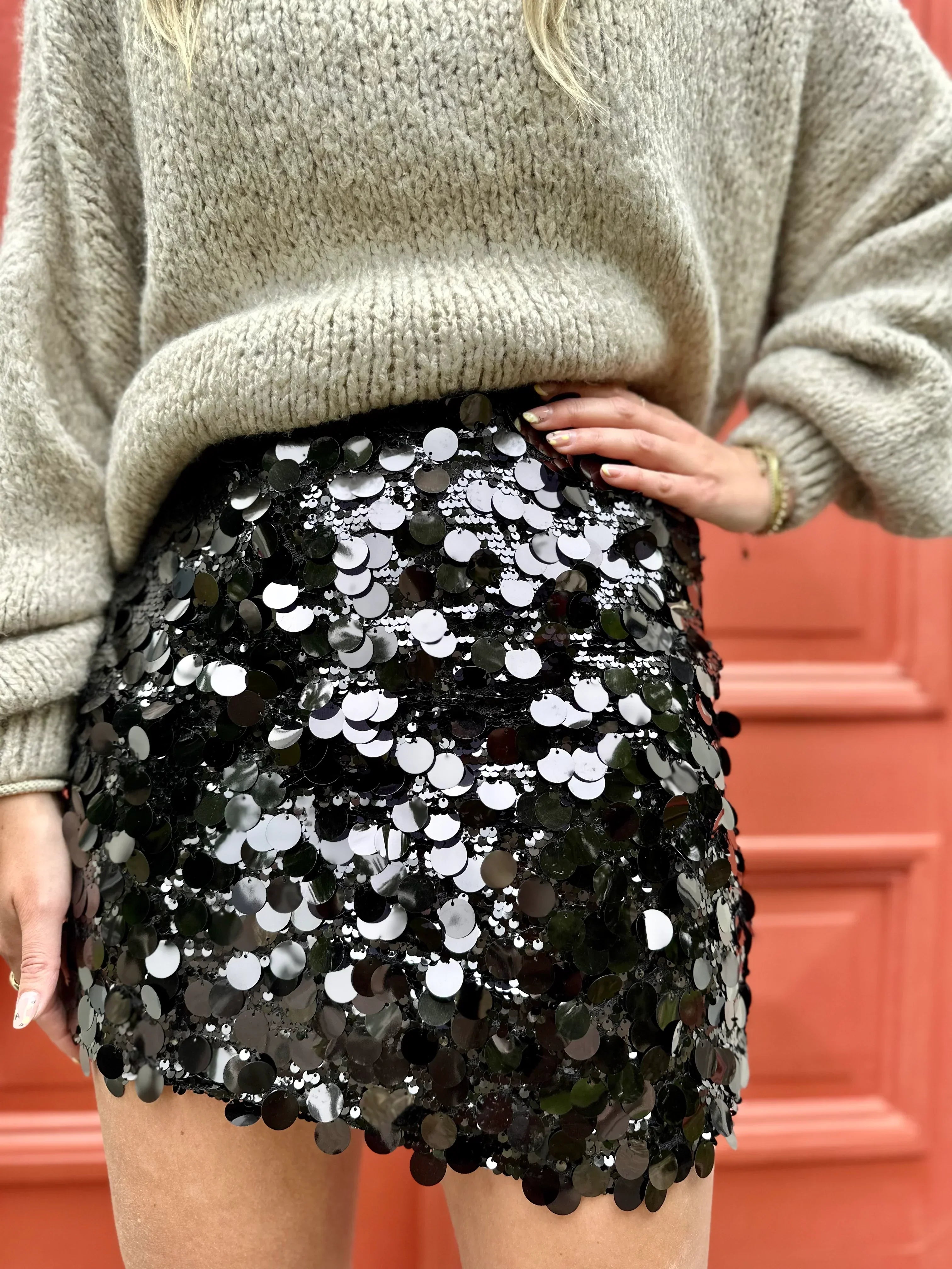 Sequin Mini Skirt | Black and Chrome | Glitter Mini Skirt | Glitter Skirt-Myra Lina