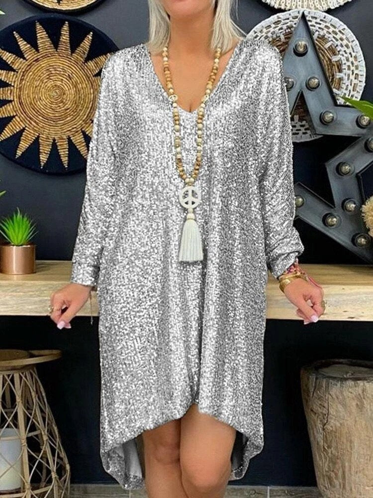 Sequin Party Dress | Long Sleeve | Knee Length | Loose Fit-Myra Lina