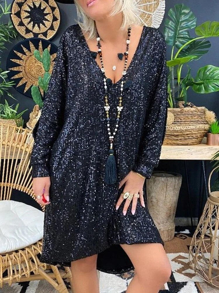 Sequin Party Dress | Long Sleeve | Knee Length | Loose Fit-Myra Lina