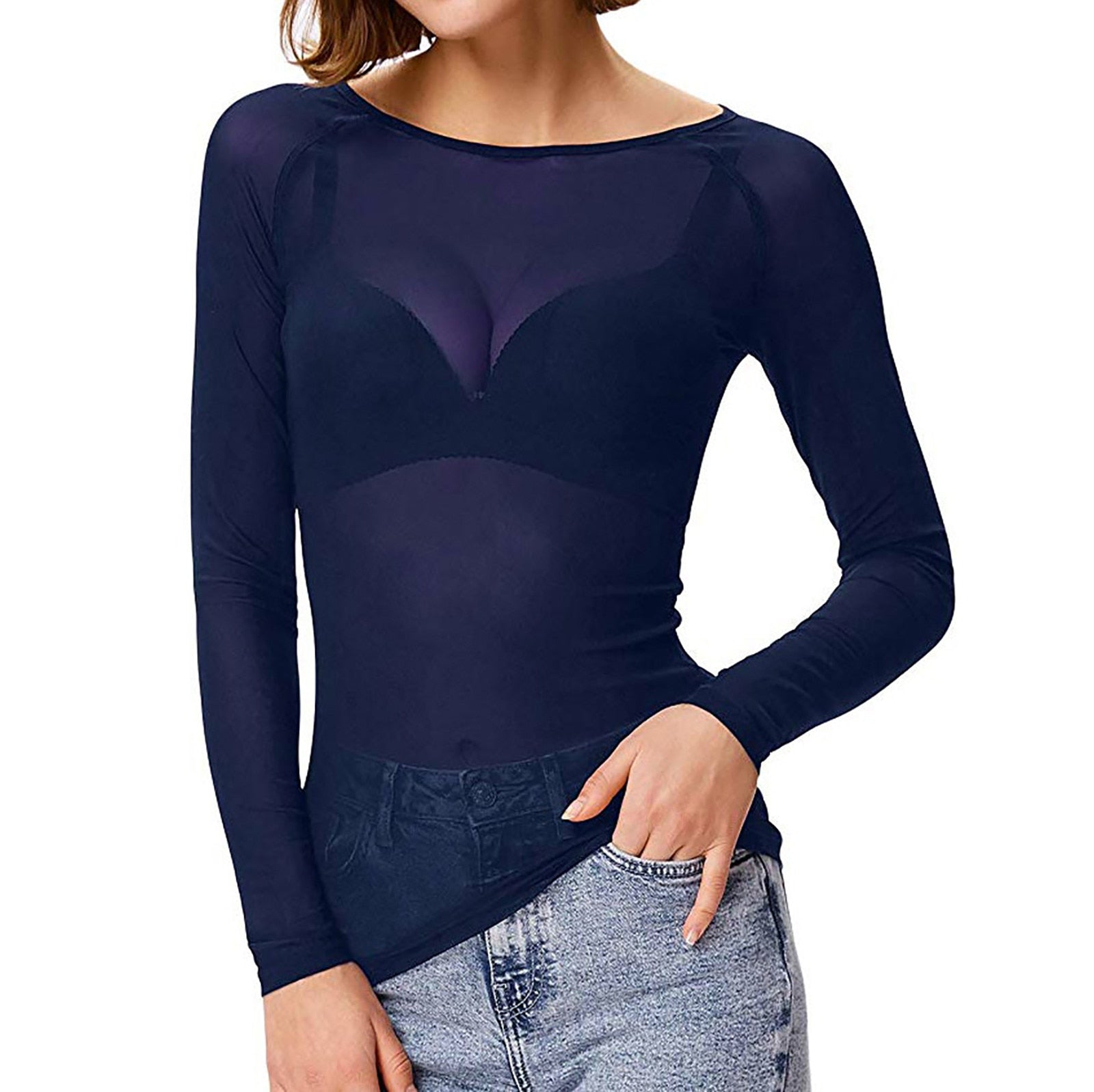 Sheer Long Sleeve Top – Black – White – Mesh Long Sleeve Top – Women's Clothing-Myra Lina