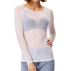 Sheer Long Sleeve Top – Black – White – Mesh Long Sleeve Top – Women's Clothing-Myra Lina