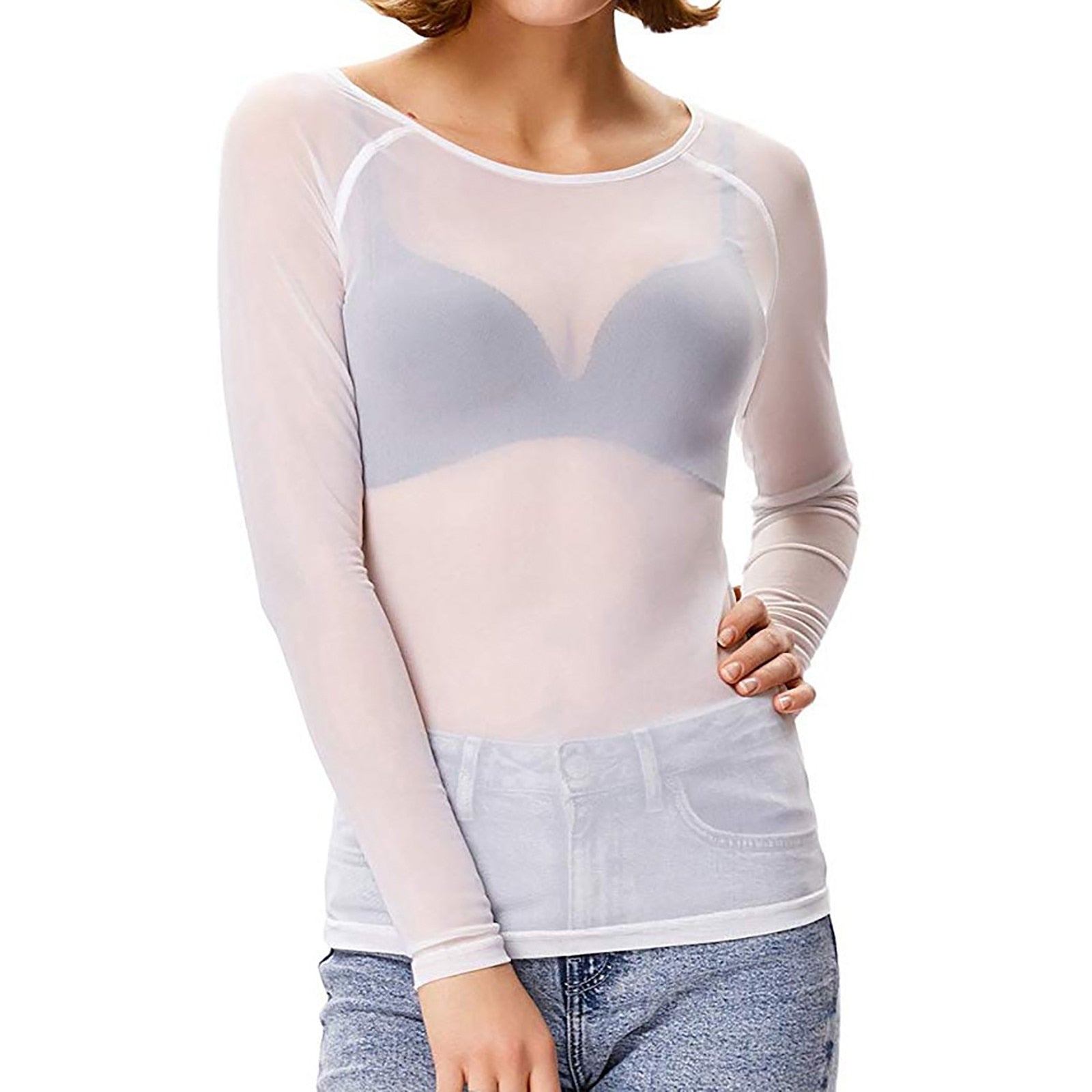Sheer Long Sleeve Top – Black – White – Mesh Long Sleeve Top – Women's Clothing-Myra Lina
